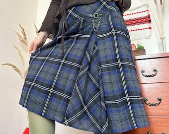 Vintage Plaid Wool Midi Skirt – Blue Tartan A-Line Fall/Winter Skirt, Y2K Academia Preppy School Style (XL)