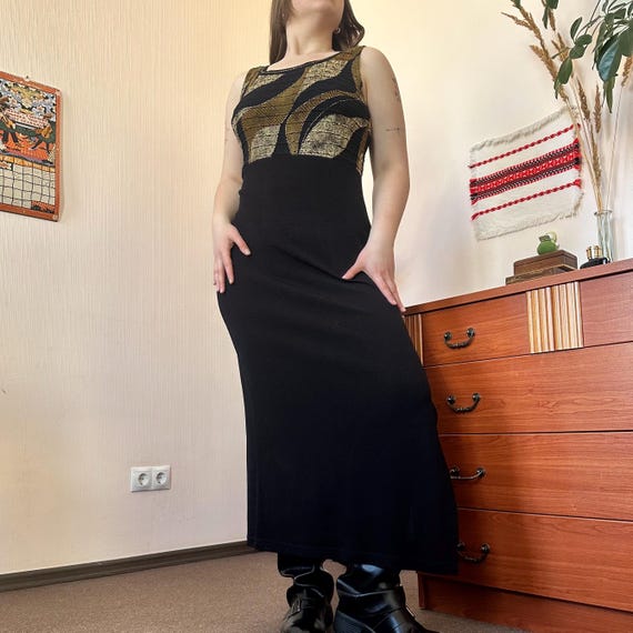 Joseph, Gorgeous Vintage Joseph Ribkoff Black Gold Brocade Maxi Dress Side Slit Bodycon Formal (M/L)