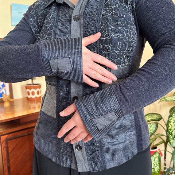 Vintage Patchwork Button-Up Top — Y2K Textured Fi… - image 4