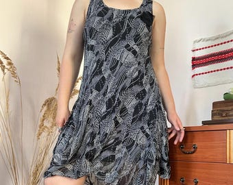 Cassis Collection Vintage Black Abstract Print Bubble Hem Mini Dress Y2K Gothic 00s (M)