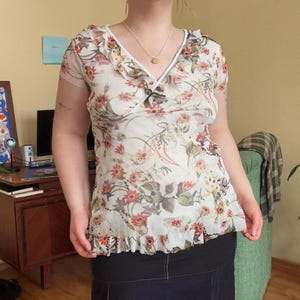 Y2K Sheer Floral Mesh Top – Ruffle Trim Boho Blouse, Romantic Summer Shirt, Lightweight Transparent Layering Tee, Vintage Plus Size Clothing
