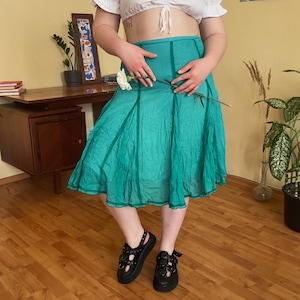 Vintage Wallis Y2K Teal Boho Green Skirt – Flowy Peasant Midi Skirt, Crinkle Skirt, Cotton Skirt, Fairycore Aesthetic, Summer Skirt