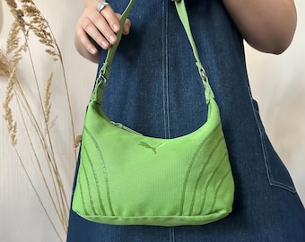 Vintage Puma Green Mini Shoulder Bag Y2K Sporty Hobo Baguette Purse 2000s Style