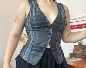 Just B. Vintage Gray Blue Plaid Fitted Vest Top Ruched Corpcore Dark Academia Y2K Office Siren (S/M)
