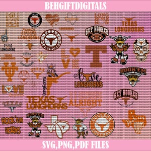 May include: A digital download of 20 different Texas Longhorns themed designs. The designs feature the Longhorn mascot, the Texas Longhorns logo, and other related imagery. The designs are in SVG, PNG, and PDF formats.
