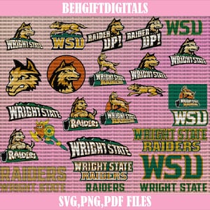 May include: A collection of digital graphics featuring the Wright State Raiders logo and mascot in various designs. The graphics include the text "Wright State," "Raiders," and "WSD" in green, gold, and white. The image also includes the text "SVG, PNG, PDF FILES."