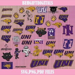 May include: A digital download of 20 different images featuring the University of Northern Iowa's logo, mascot, and other graphics. The images are in purple, gold, and black on a pink background. The text "SVG, PNG, PDF FILES" is at the bottom of the image.