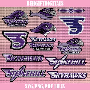 May include: Purple and white graphic design with the text "Stonehill Skyhawks" repeated multiple times. The design features a stylized bird with wings and a propeller.
