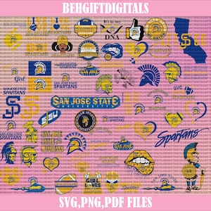 Può includere: Un download digitale di file SVG, PNG e PDF con vari design relativi alla San Jose State University Spartans. I design includono loghi, testo e illustrazioni nei colori blu, giallo e bianco.