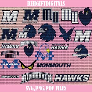 May include: A digital design sheet featuring various logos and graphics for Monmouth University. The logos include the school's name, mascot, and the words "Hawks". The designs are in blue, white, and black.