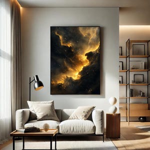 Golden Nebula Digitaldruck – Kosmisches Weltall Poster, Sci-Fi Galaxie Wandkunst, schwarz goldenes abstraktes Universum, Sternenhimmel digitaler Download