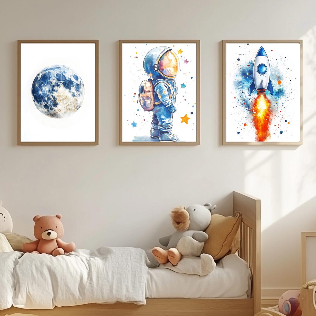 Blue Space Nursery Wall Art Set | Astronaut, Rocket, Moon | Outer Space ...