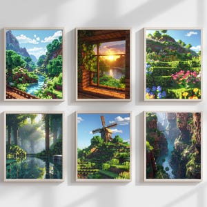 Könnte beinhalten: Sechs gerahmte Landschaftskunst-Drucke im Pixel-Stil. Die Drucke zeigen verschiedene Naturszenen, darunter ein Flusstal, ein Sonnenuntergang, ein Terrassengarten, ein Wald, eine Windmühle und ein Canyon, alle in einer blockartigen Ästhetik.