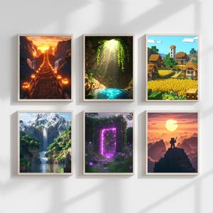 Set med 6 Minecraft-posters, Minecraft-väggkonst, Minecraft-landskap, gruvspel pixelpyssel, digital konst, kubvärld, väggkonst.