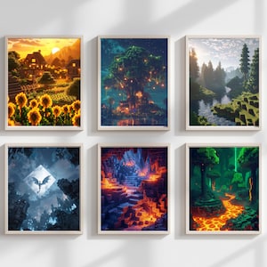 May include: Six framed art prints featuring pixelated fantasy landscapes. The prints depict scenes of a sunset over a village, a glowing tree, a river in a forest, a dragon in a cloudy sky, a lava cave, and a green forest with a lava river.