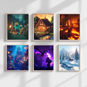 Mine&Craft Art Print, World of Pixel Clipart, set kaart computer videogame poster afdrukbaar, decor kinderkamer, cadeaus voor kinderen