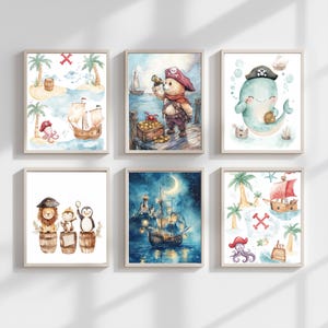 Juego de arte de pared de aventuras piratas / Decoración de guardería náutica / Lindos animales piratas e impresiones de mapas del tesoro / Descarga digital