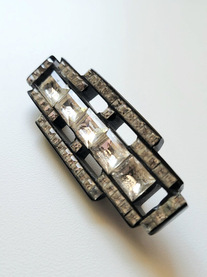 Large Art Deco Black Bakelite Paste Crystal Brooch 1920s 1930s Vintage Antique Goth image 3