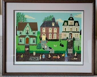 Jane Currie Clark May Baskets Neighborhood Signed Serigraph Framed Art Print Naif Primitive Folk Lithograph