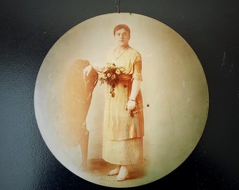 Victorian Edwardian Photo Mourning Plaque Marriage Woman in Dress w/ Flowers Wall Hanging Pastels Colored Tinted Vintage Antique