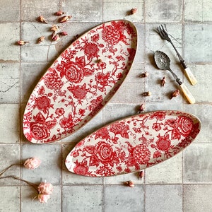 Oval serving dish set of , Red floral table decor, Ceramic platter, Handmade pottery,  Handmade gift, Serving dish, Housewarming gift
