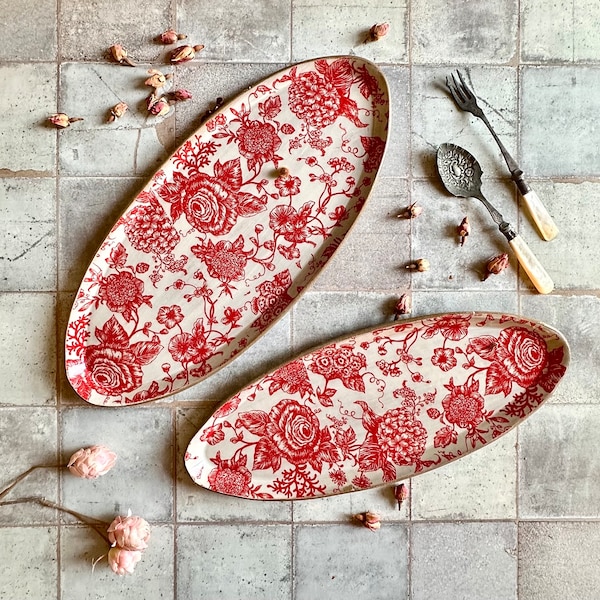 Handmade Ceramic Oval Serving Platter Set: Red Floral Table Decor