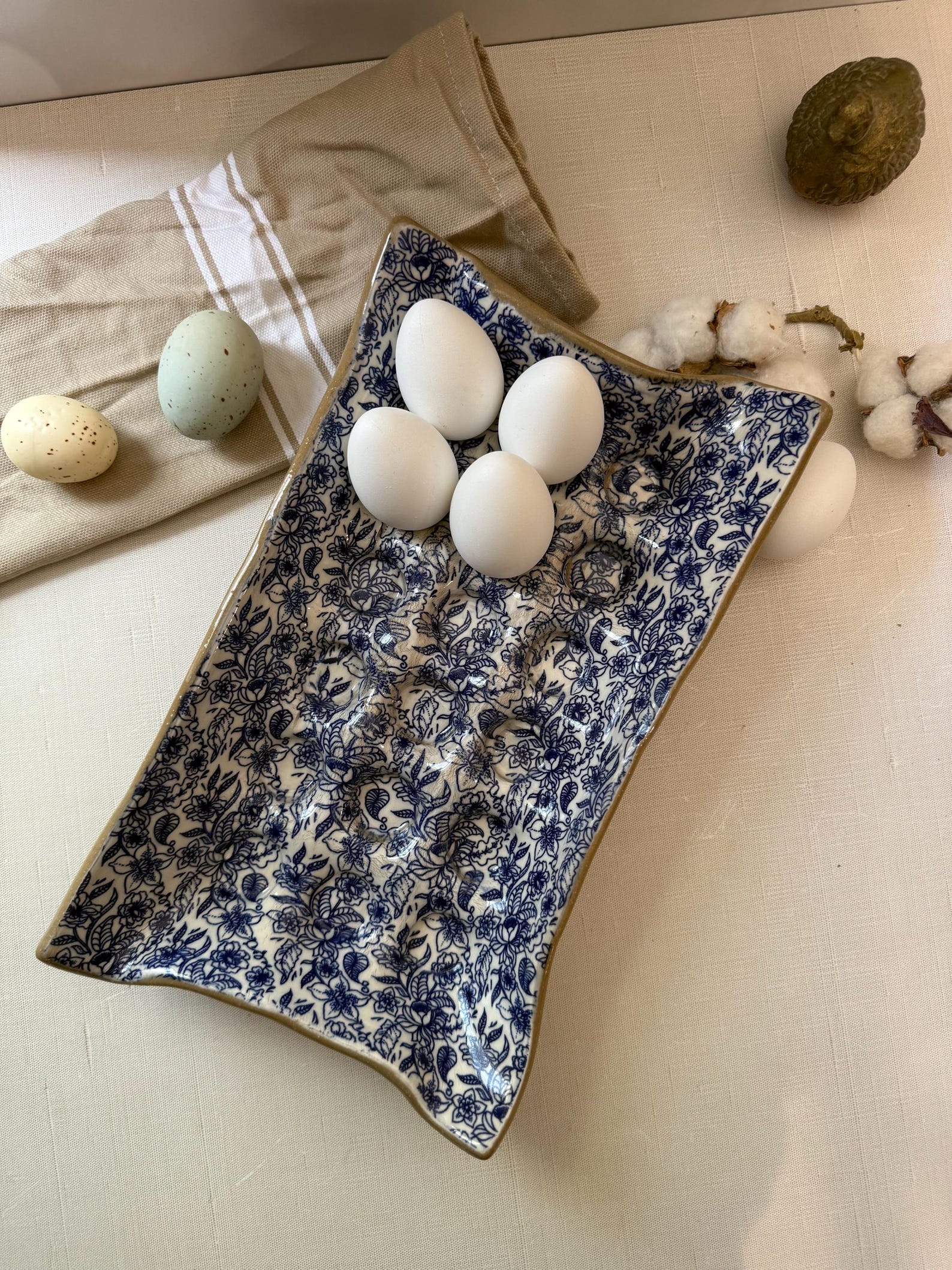 Blue Floral Ceramic Egg Tray Handmade 18-Egg Crate