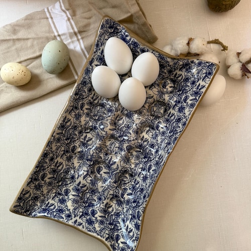 Blue Floral Ceramic Egg Tray Handmade 18-Egg Crate