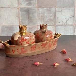 Ceramic Pomegranate sugar bowl and creamer set with tray image 4