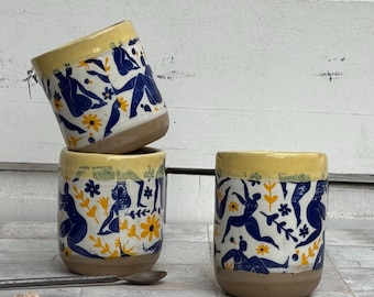 Unique handmade mug with Matisse-Inspired Nude & Floral Design in yellow, Modern Pottery Coffee mugs