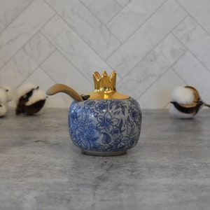 pomegranate salt cellar , ceramic salt pig , floral and gold finish