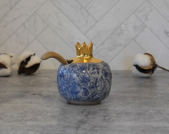 pomegranate salt cellar , ceramic salt pig , floral and gold finish