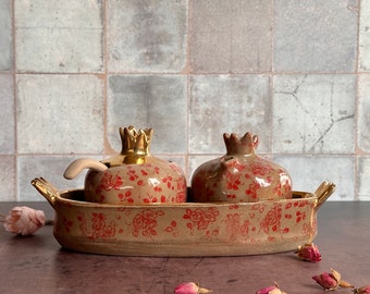 Ceramic Pomegranate sugar bowl and creamer set with tray