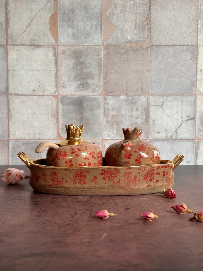 Ceramic Pomegranate sugar bowl and creamer set with tray image 1
