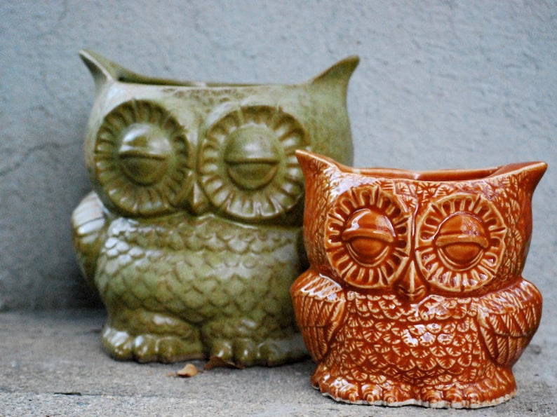 May include: Two ceramic owl planters, one green and one brown. The green owl has closed eyes and a textured surface. The brown owl has closed eyes and a more detailed design.