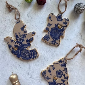Ceramic Christmas ornaments  with gold ,  Set of three