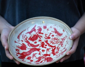 Tazón de pasta, platos de cerámica, platos de zorro rojo, regalos de inauguración de la casa, cerámica hecha a mano