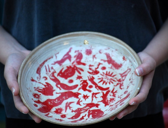 Ceramic Pasta bowl, handcrafted bowl set, red fox plates,