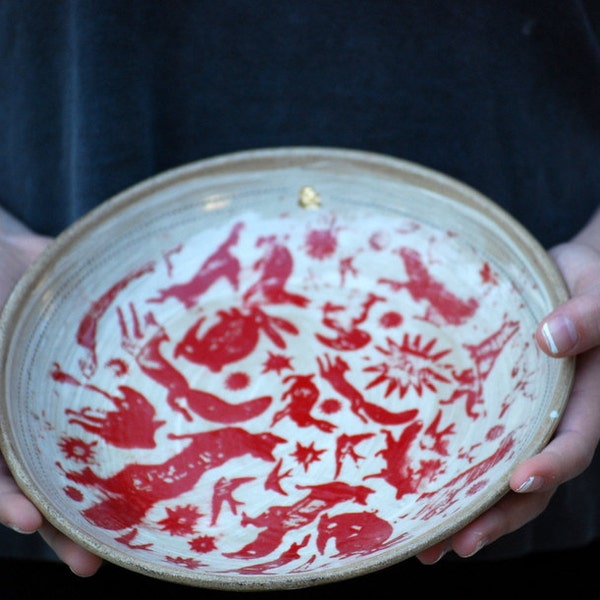 Ceramic Pasta bowl, handcrafted bowl set, red fox plates,