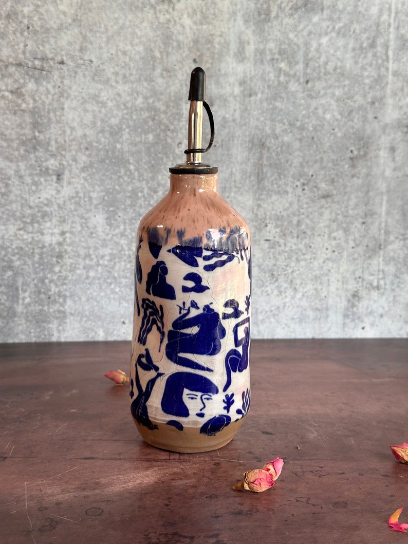 Large Ceramic oil bottle, olive oil bottle, Oil cruet, wedding gift, Matisse inspired dancing ladies medium