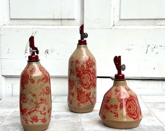 Floral Red Ceramic Olive Oil Cruet: Handmade Kitchen Dispenser