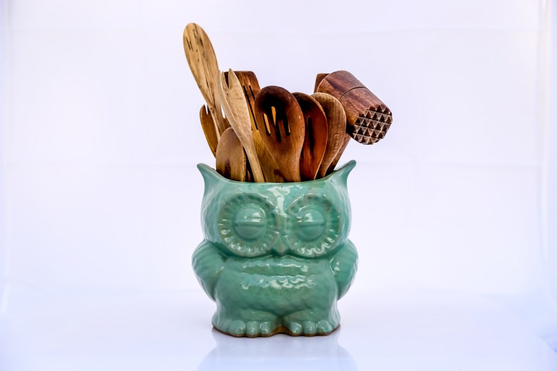 Owl Kitchen utensil holder, Choose your color, Handmade large utensil holder , made to order image 3