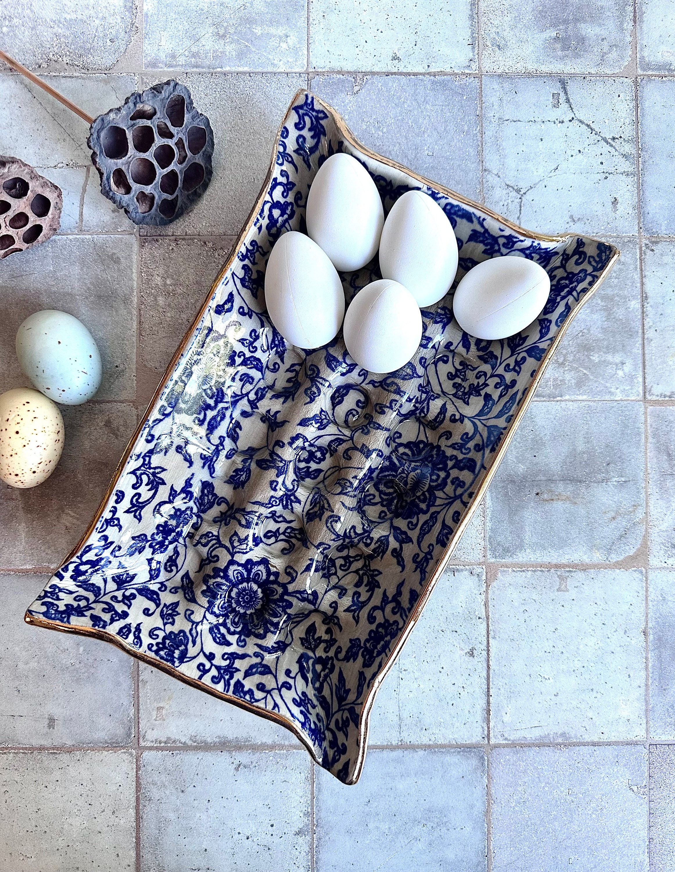 Blue Floral Ceramic Egg Tray Handmade 18-Egg Crate - Etsy 日本