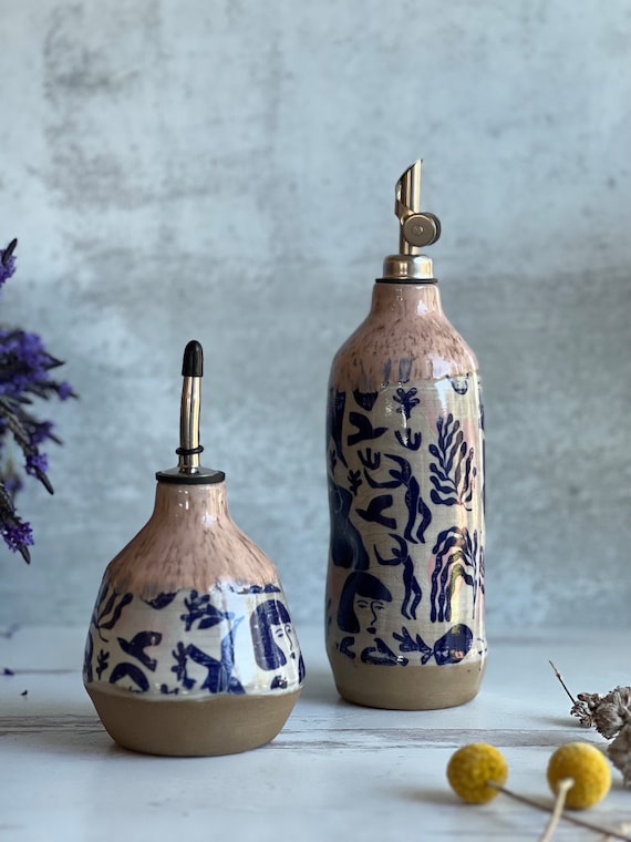 Large Ceramic oil cruet, olive oil bottle, Oil cruet, Matisse inspired dancing ladies