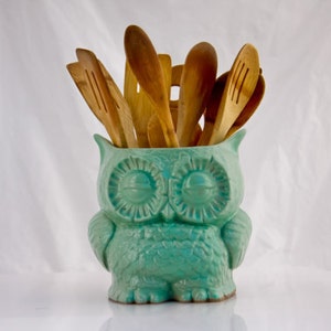 Owl Kitchen utensil holder, Choose your color, Handmade large utensil holder , made to order image 2