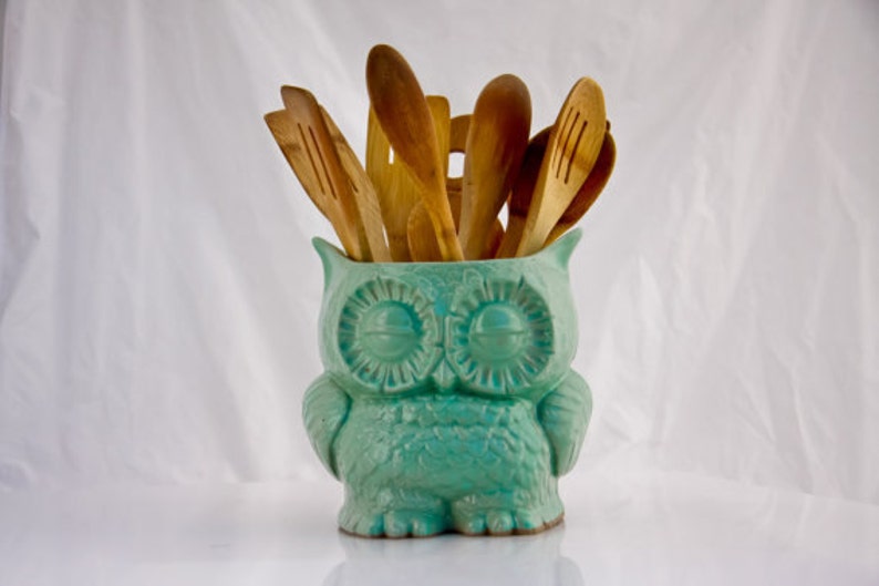 Owl Kitchen utensil holder, Choose your color, Handmade large utensil holder , made to order image 2