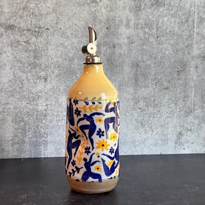 Limited addition Large Ceramic oil bottle, Matisse inspired dancing ladies yellow and blue large