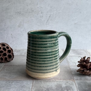 Stoneware Mug, Green ribbed mug, 16oz mugs