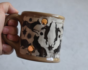 Handmade Ceramic Coffee Mug: 16 oz Woodland Fox Print with Gold Accents in black