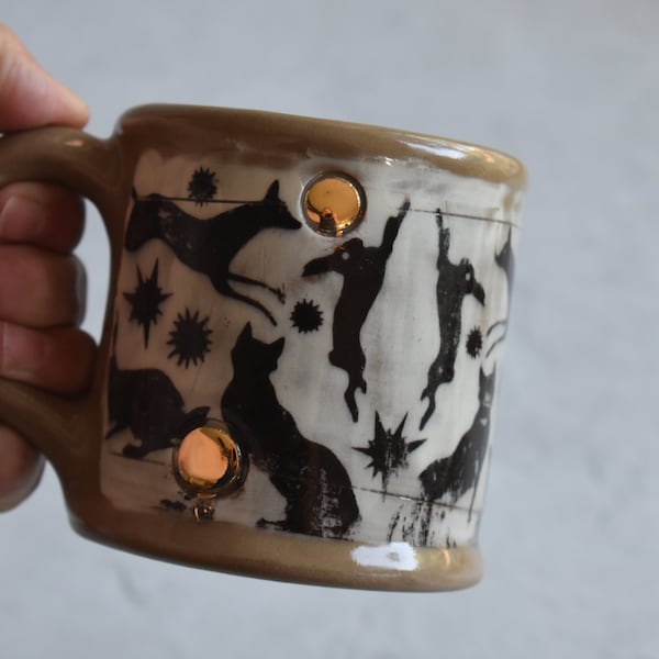 Handmade Ceramic Coffee Mug: 16 oz Woodland Fox Print with Gold Accents in black